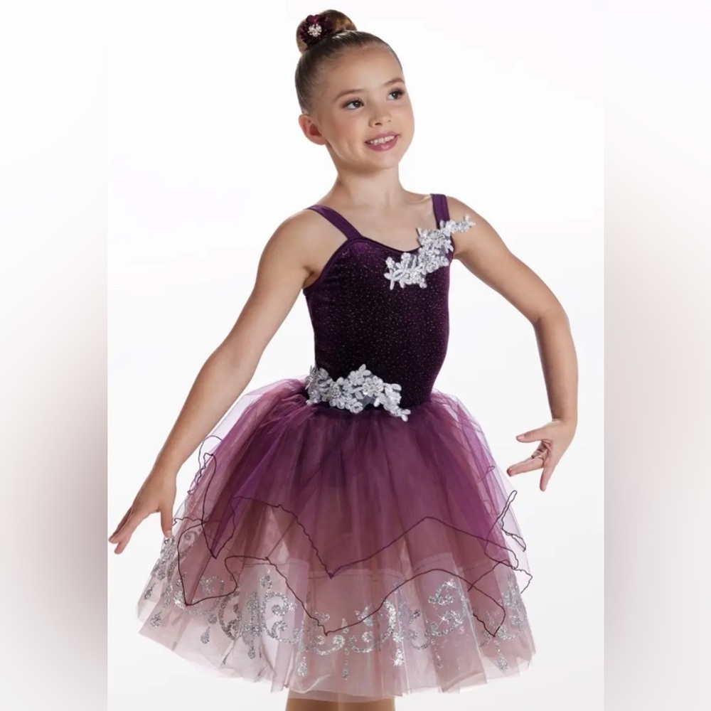 Weissman Purple and White Dance Costume with Tutu and Floral Accents